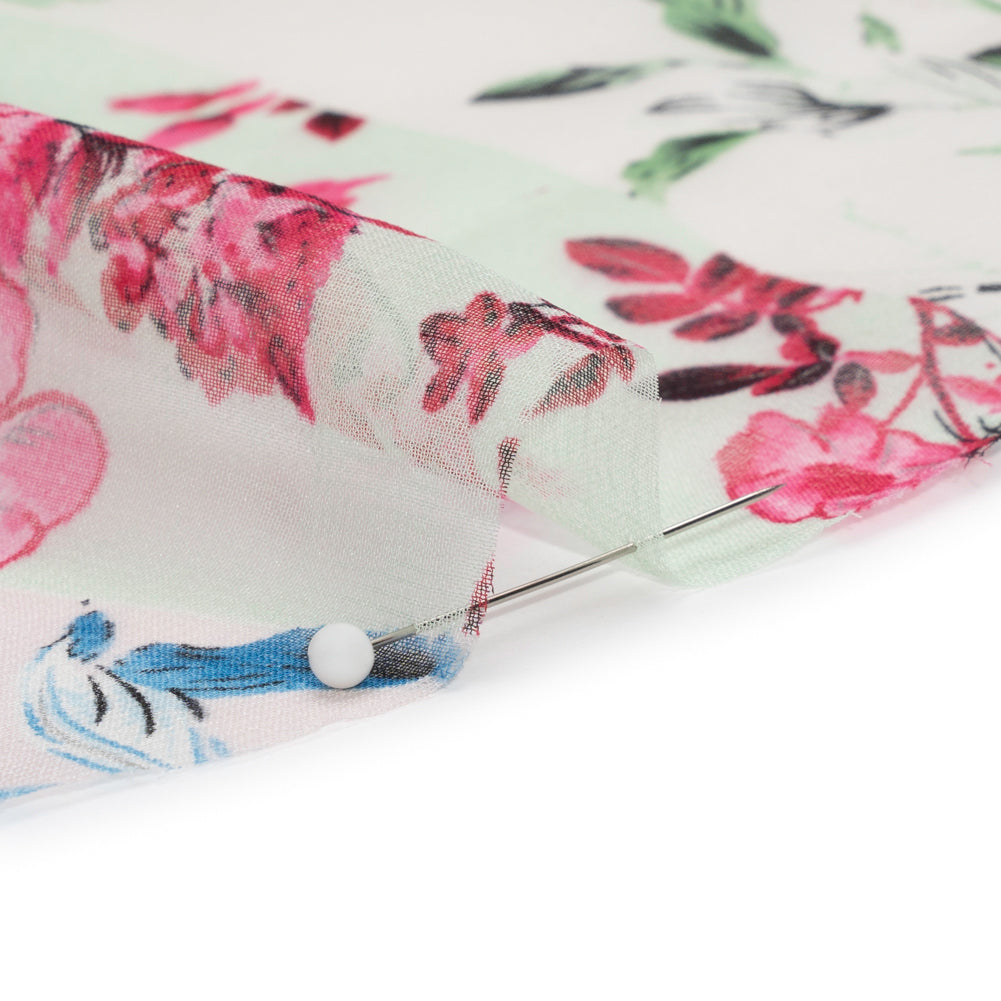 Green, Blue and Pink Floral Wavy Stripes Silk Chiffon Folded