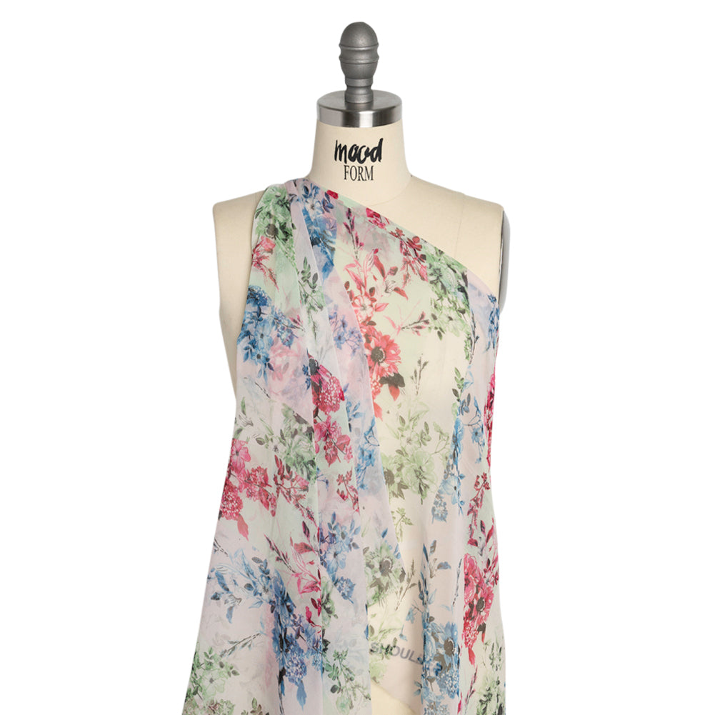 Green, Blue and Pink Floral Wavy Stripes Silk Chiffon Detail