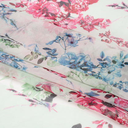 Green, Blue and Pink Floral Wavy Stripes Silk Chiffon Full