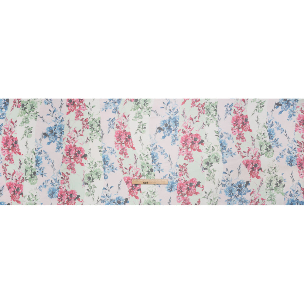 Green, Blue and Pink Floral Wavy Stripes Silk Chiffon Drape
