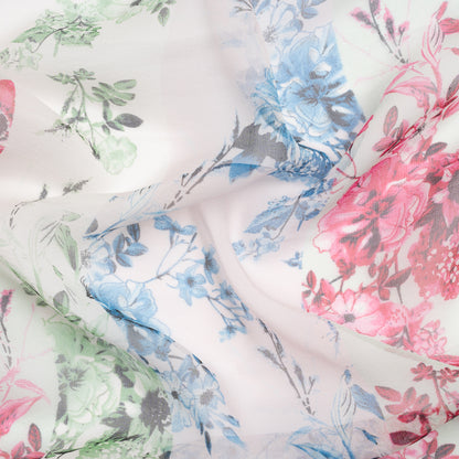 Green, Blue and Pink Floral Wavy Stripes Silk Chiffon