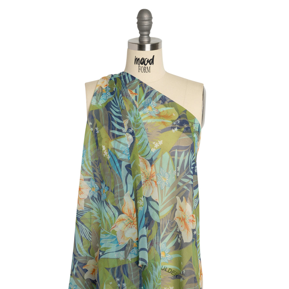 Blue, Green and Orange Tropical Flora Silk Chiffon Detail