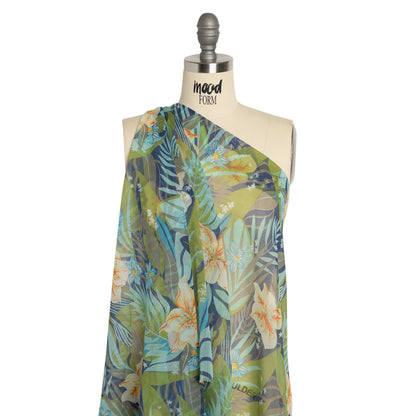 Blue, Green and Orange Tropical Flora Silk Chiffon Detail