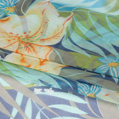 Blue, Green and Orange Tropical Flora Silk Chiffon Full