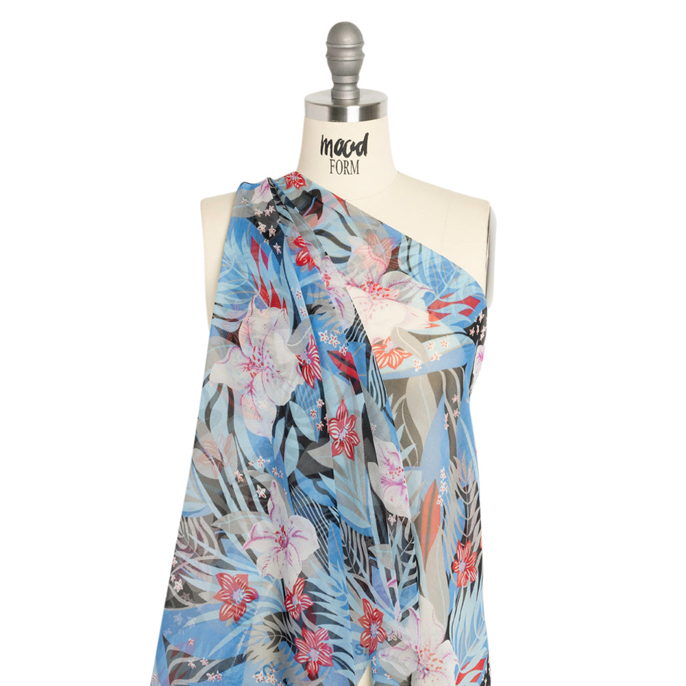 Blue, Black and Red Tropical Flora Silk Chiffon Detail