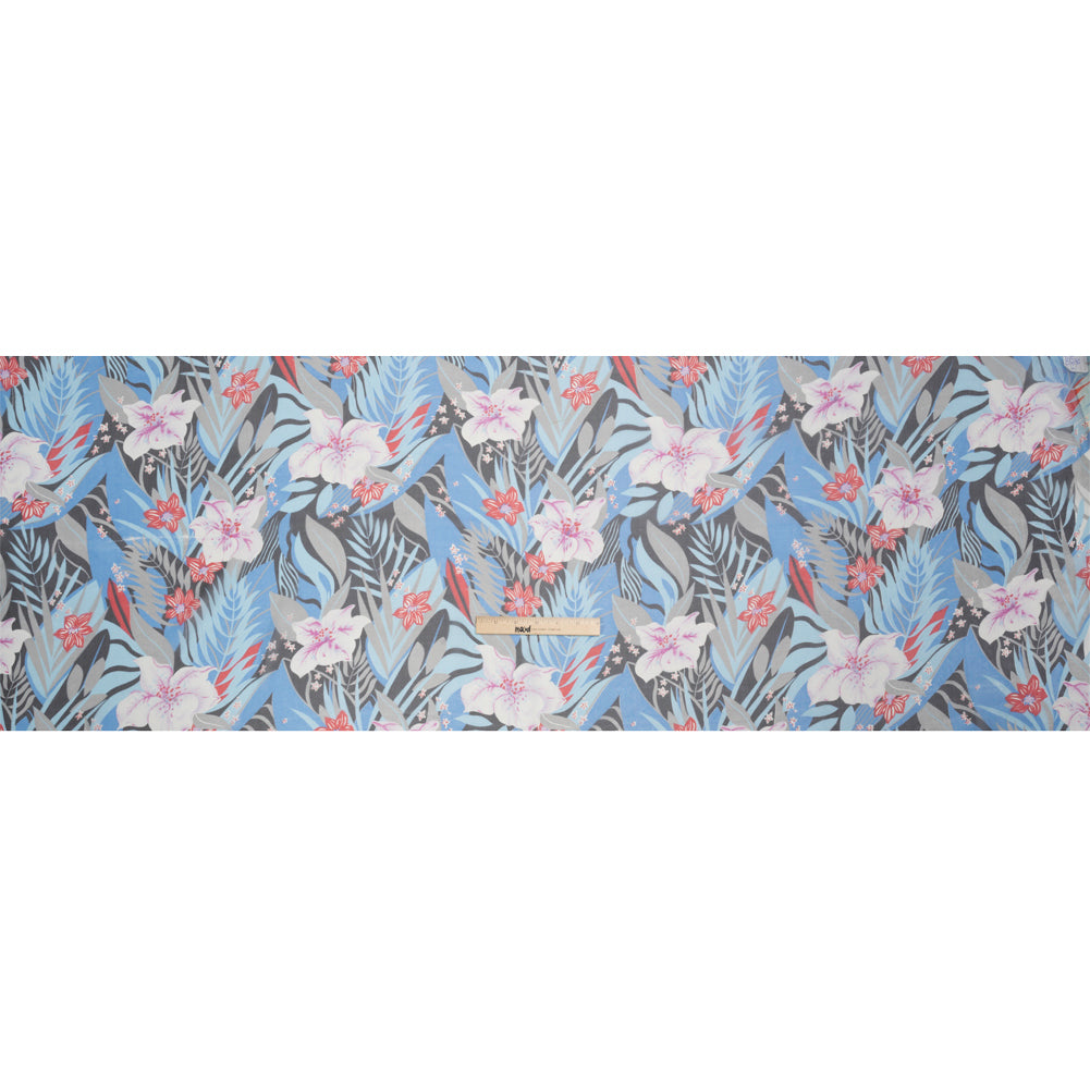 Blue, Black and Red Tropical Flora Silk Chiffon Drape