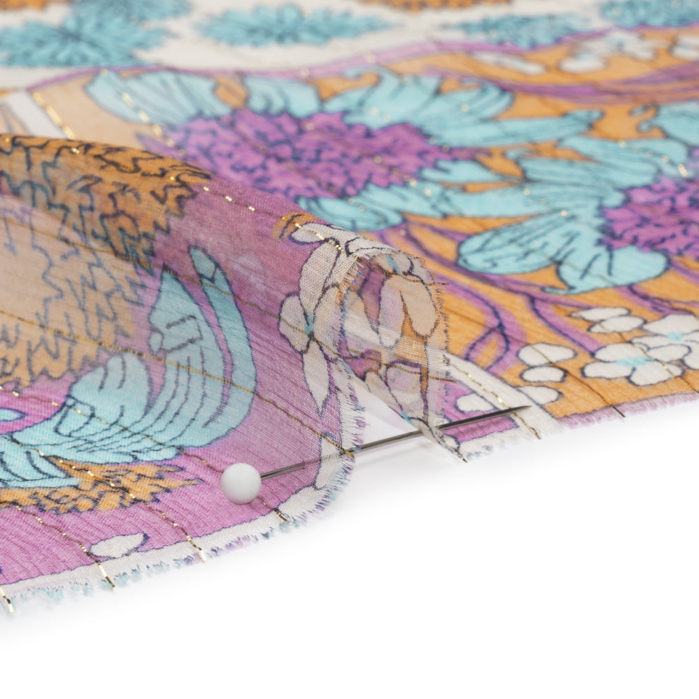 Orchid, Creamsicle and Blue Floral Patchwork Metallic Pinstriped Silk Chiffon Folded
