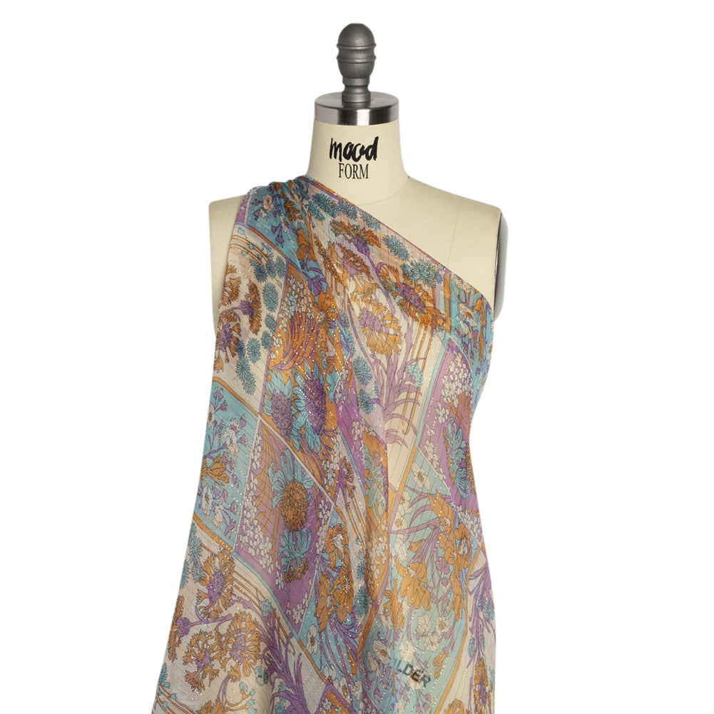 Orchid, Creamsicle and Blue Floral Patchwork Metallic Pinstriped Silk Chiffon Detail