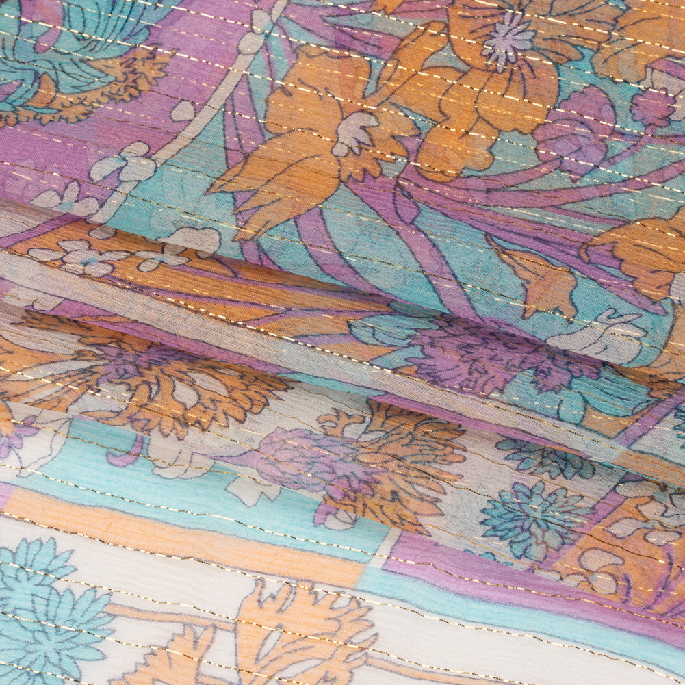 Orchid, Creamsicle and Blue Floral Patchwork Metallic Pinstriped Silk Chiffon Full