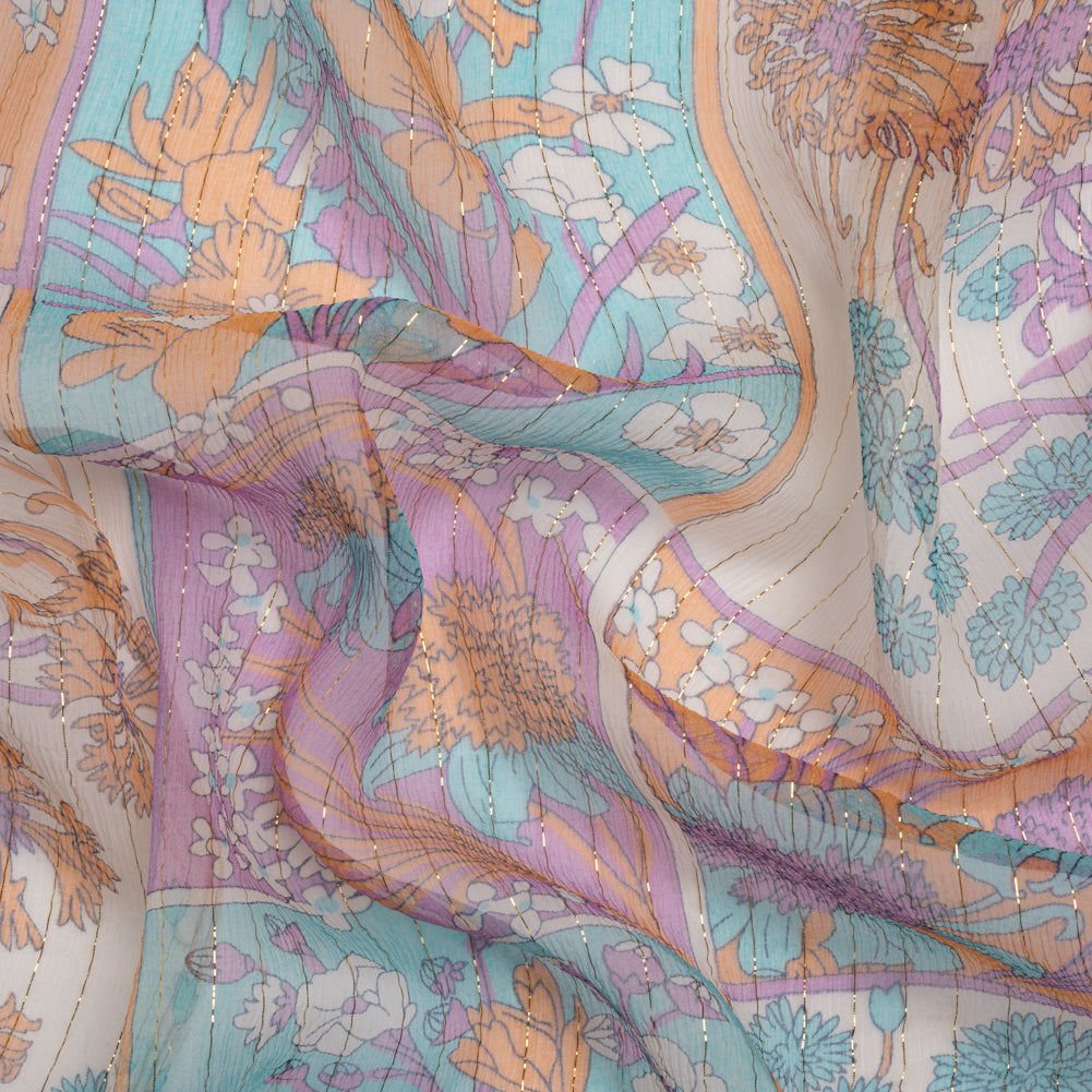 Orchid, Creamsicle and Blue Floral Patchwork Metallic Pinstriped Silk Chiffon