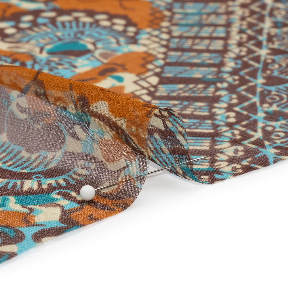 Brown, Orange and Teal Floral and Geometric Diagonal Stripes Silk Chiffon Folded
