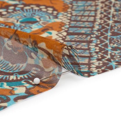 Brown, Orange and Teal Floral and Geometric Diagonal Stripes Silk Chiffon Folded
