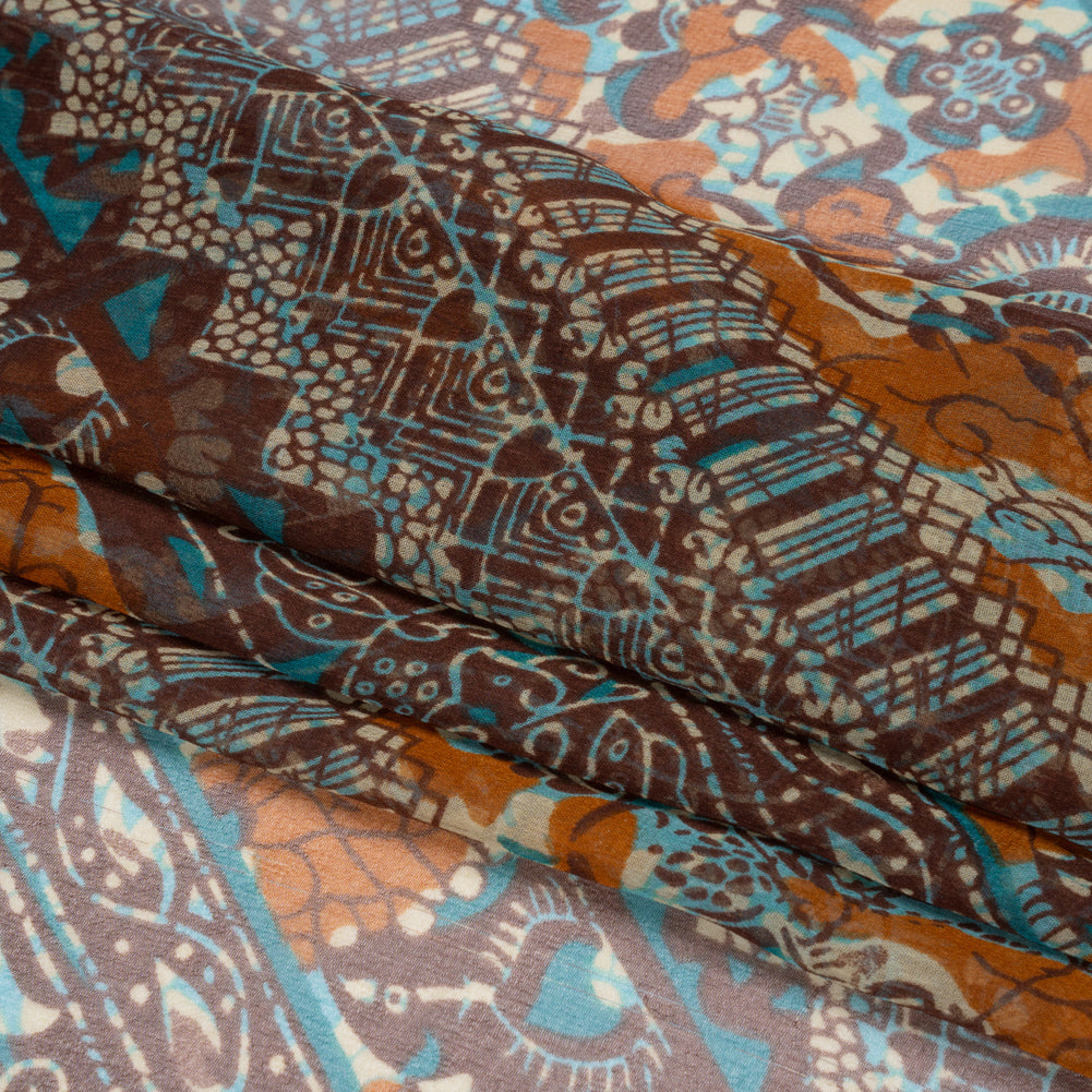 Brown, Orange and Teal Floral and Geometric Diagonal Stripes Silk Chiffon Full