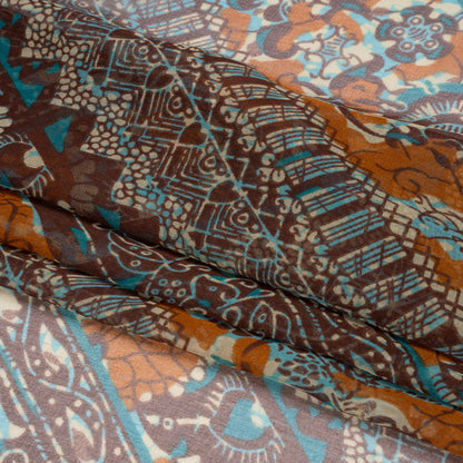 Brown, Orange and Teal Floral and Geometric Diagonal Stripes Silk Chiffon Full