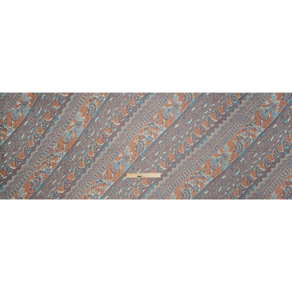 Brown, Orange and Teal Floral and Geometric Diagonal Stripes Silk Chiffon Drape