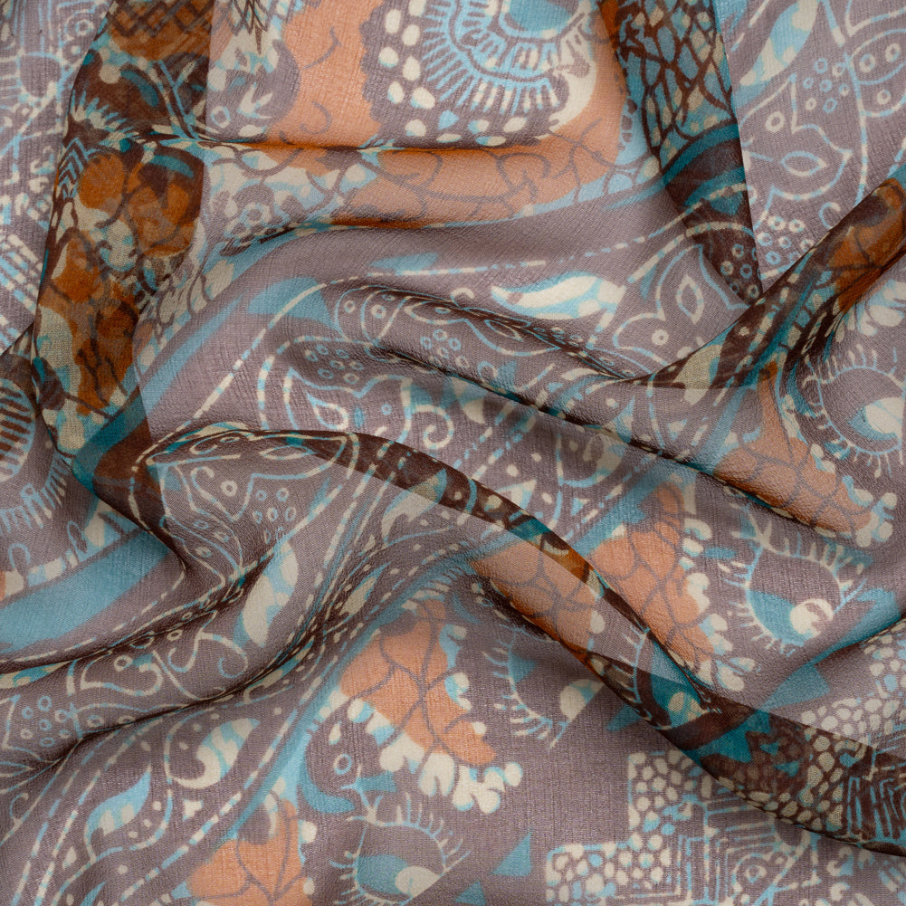 Brown, Orange and Teal Floral and Geometric Diagonal Stripes Silk Chiffon