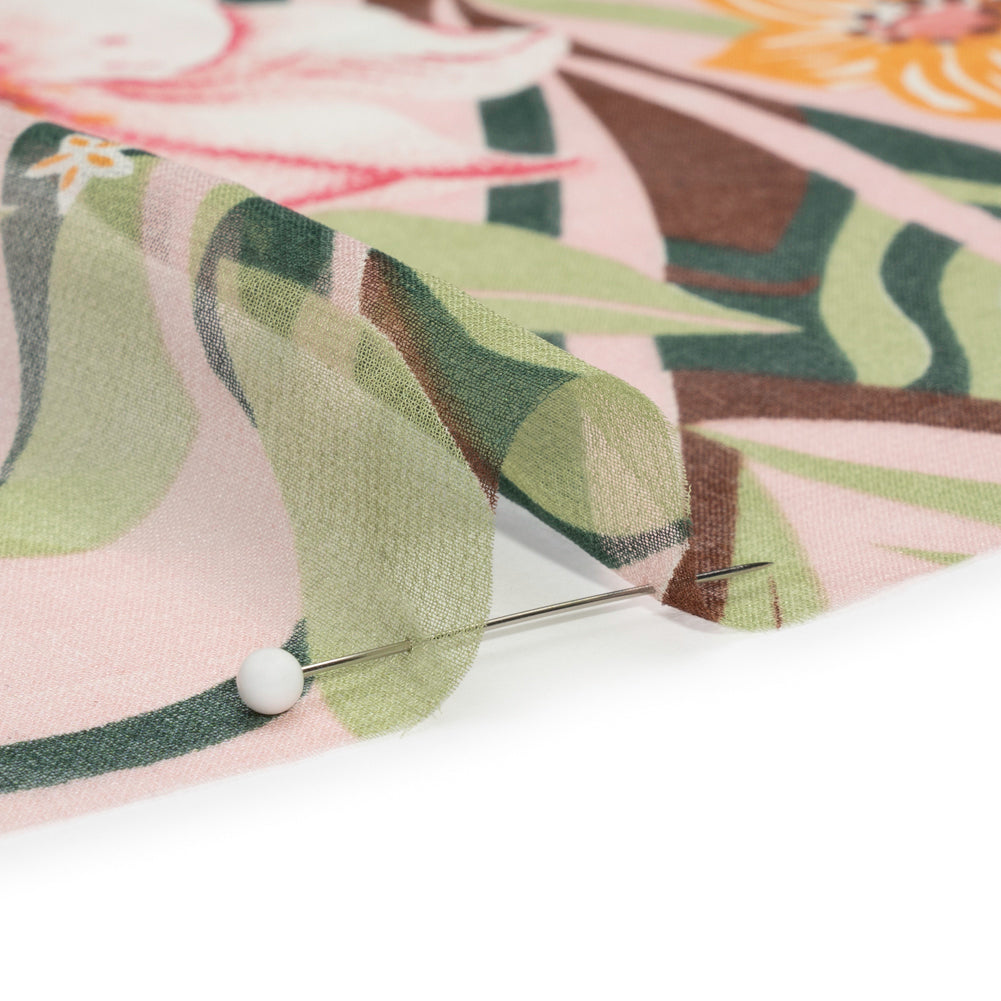 Green, Brown and Pink Tropical Flora Silk Chiffon Folded