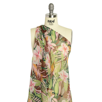 Green, Brown and Pink Tropical Flora Silk Chiffon Detail