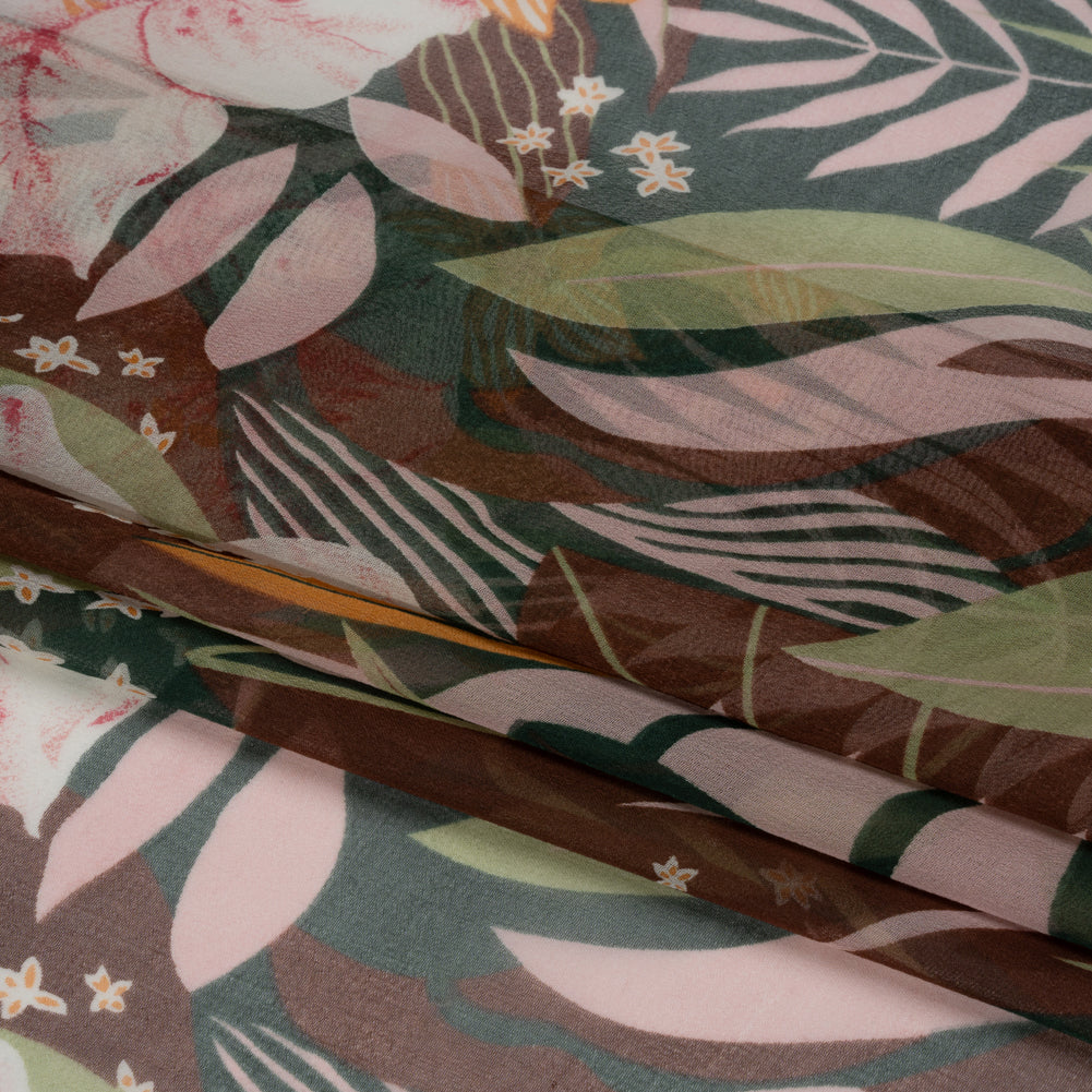 Green, Brown and Pink Tropical Flora Silk Chiffon Full