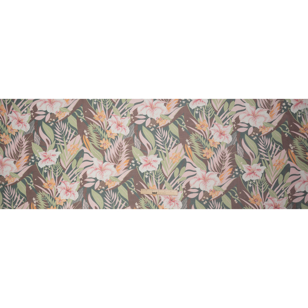 Green, Brown and Pink Tropical Flora Silk Chiffon Drape