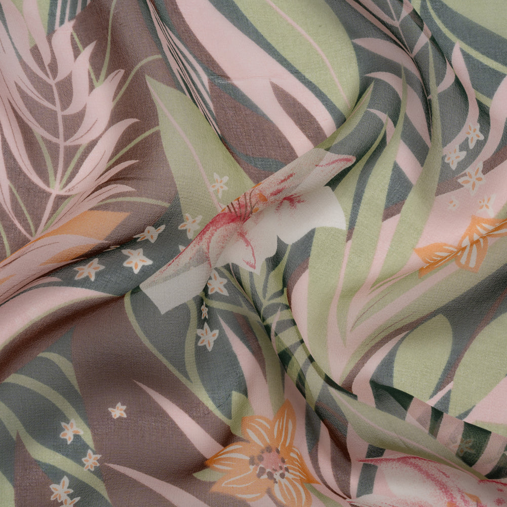 Green, Brown and Pink Tropical Flora Silk Chiffon