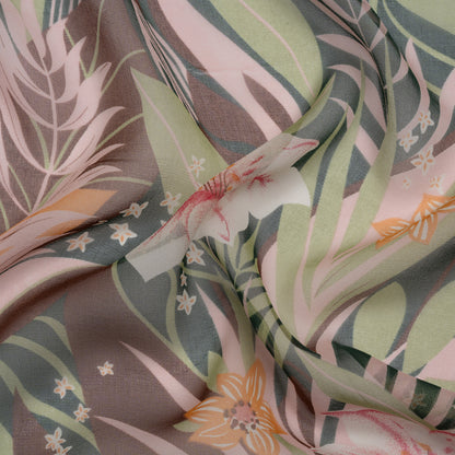 Green, Brown and Pink Tropical Flora Silk Chiffon
