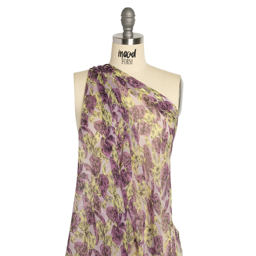 Orchid, Lemon and Lilac Floral Bows Crinkled Silk Chiffon Detail