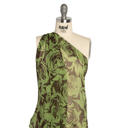 Green and Brown Rose Garden Crinkled Silk Chiffon Detail