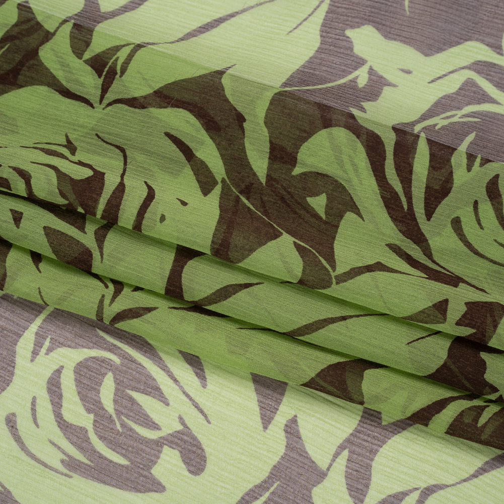 Green and Brown Rose Garden Crinkled Silk Chiffon Full