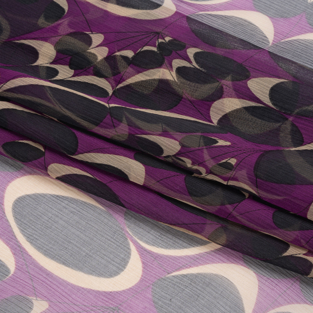Purple, Black and Beige Webs and Dots Crinkled Silk Chiffon Full