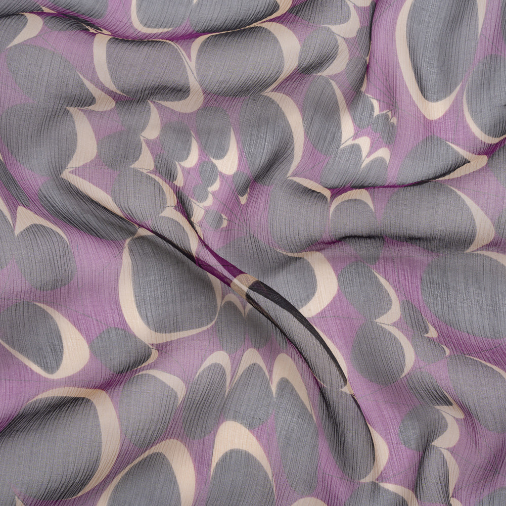 Purple, Black and Beige Webs and Dots Crinkled Silk Chiffon