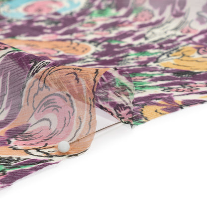 Plum, Beige and Sky Blue Garden Frolick Crinkled Silk Chiffon Folded