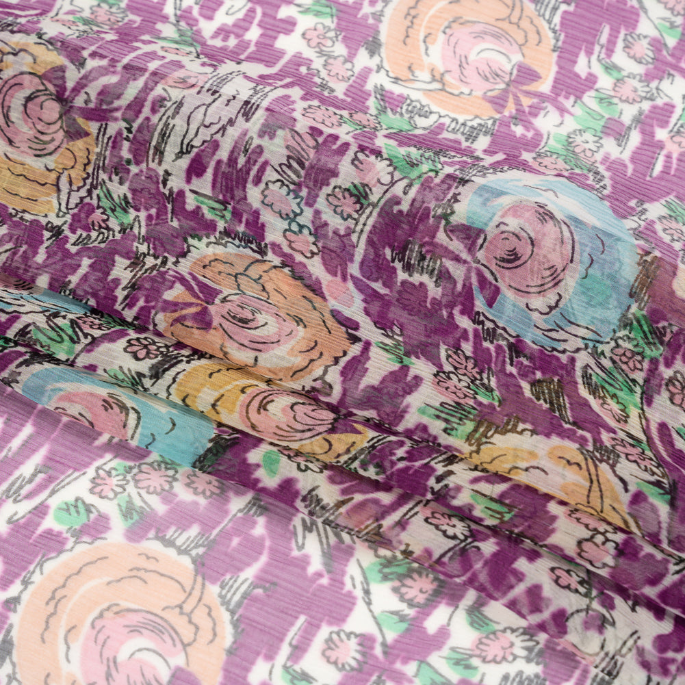 Plum, Beige and Sky Blue Garden Frolick Crinkled Silk Chiffon Full