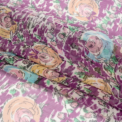 Plum, Beige and Sky Blue Garden Frolick Crinkled Silk Chiffon Full