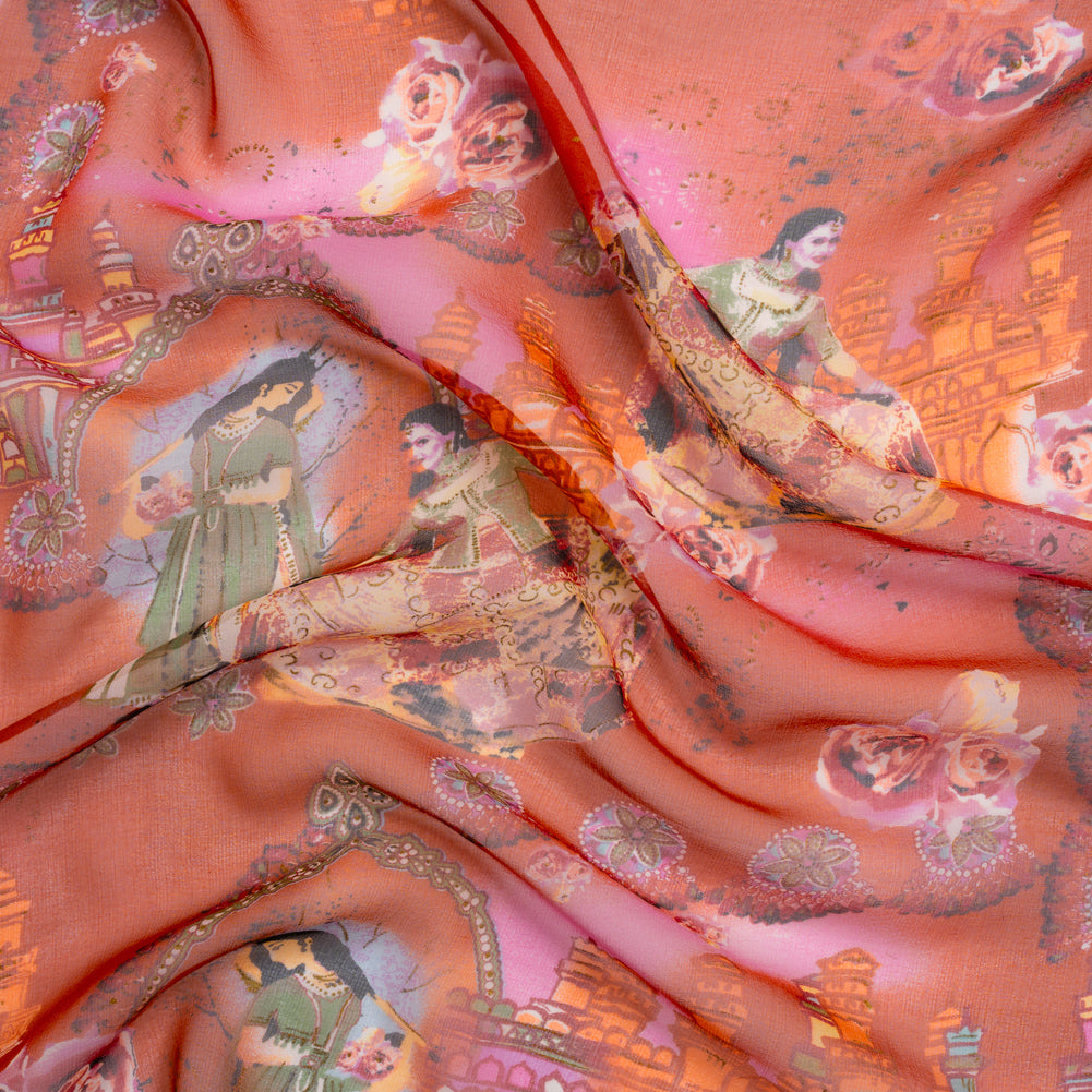Pink, Orange and Green Vivid Traditions Silk Chiffon