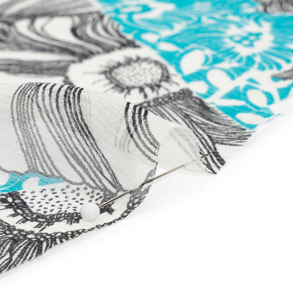 Turquoise, Black and White Tropical Floral Crinkled Silk Chiffon Folded
