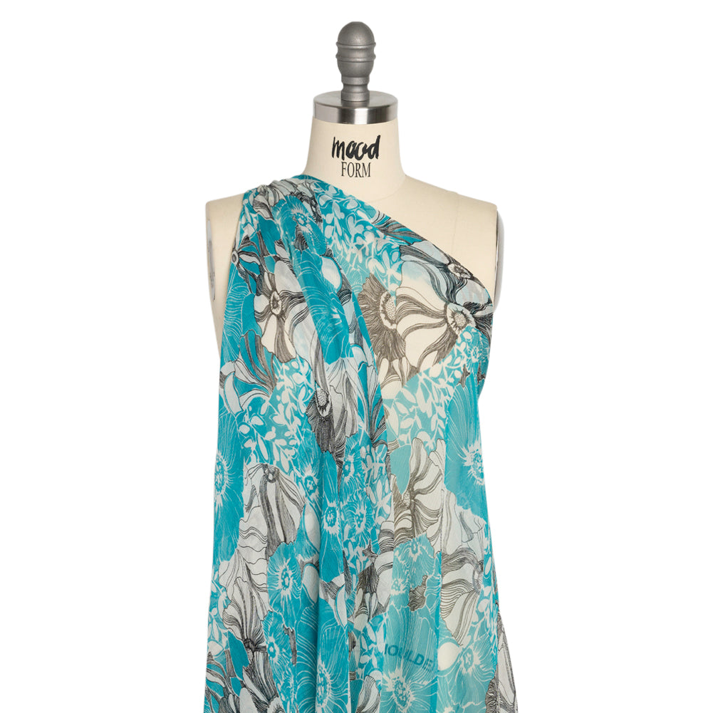 Turquoise, Black and White Tropical Floral Crinkled Silk Chiffon Detail