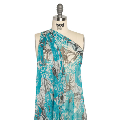 Turquoise, Black and White Tropical Floral Crinkled Silk Chiffon Detail