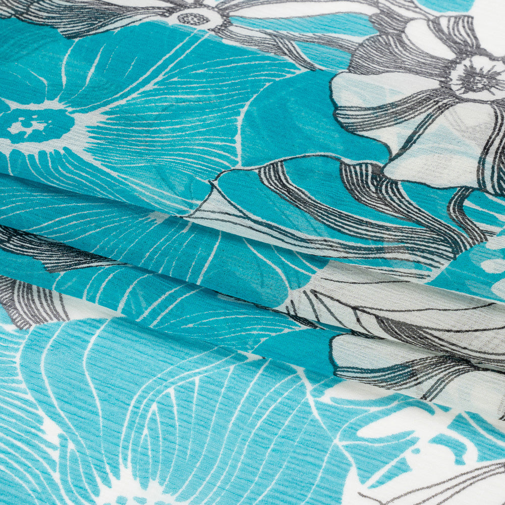 Turquoise, Black and White Tropical Floral Crinkled Silk Chiffon Full