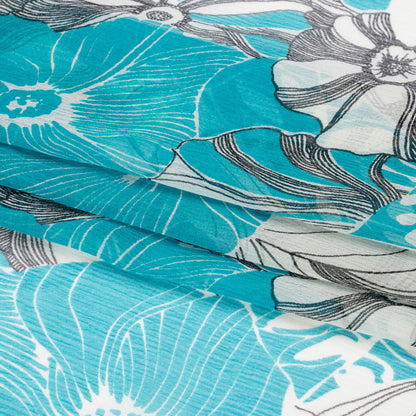 Turquoise, Black and White Tropical Floral Crinkled Silk Chiffon Full