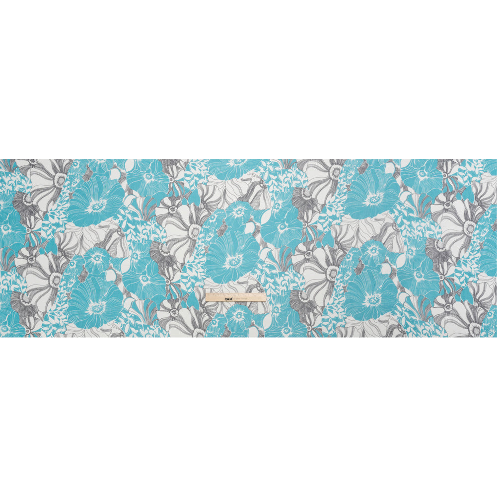 Turquoise, Black and White Tropical Floral Crinkled Silk Chiffon Drape