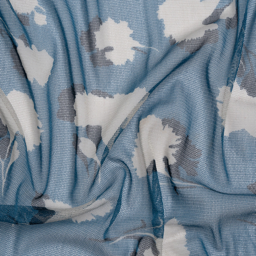 Floral Shadows Silk Tulle - Blue, White and Black