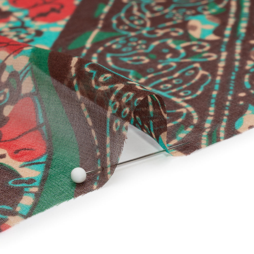Chocolate, Berry and Turquoise Floral and Geometric Diagonal Stripes Silk Chiffon Folded