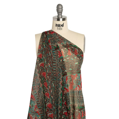 Chocolate, Berry and Turquoise Floral and Geometric Diagonal Stripes Silk Chiffon Detail