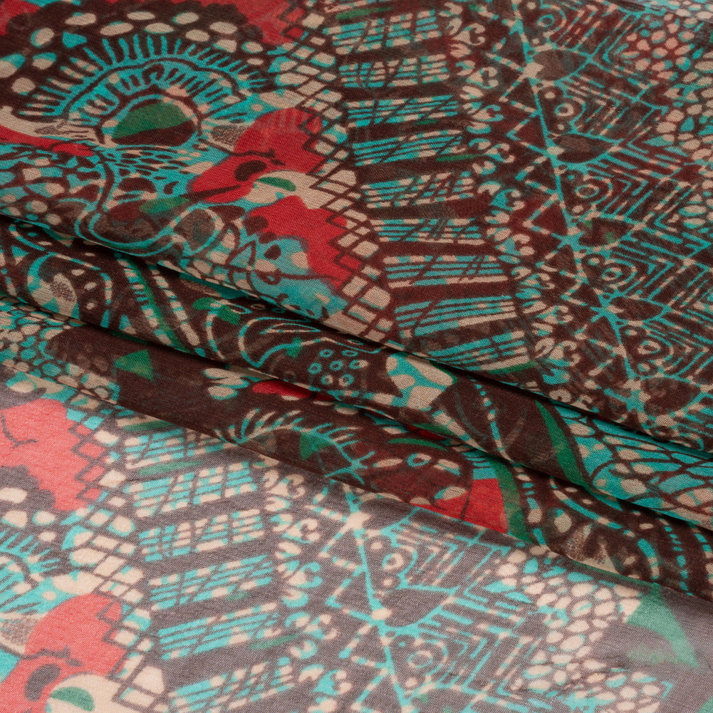Chocolate, Berry and Turquoise Floral and Geometric Diagonal Stripes Silk Chiffon Full