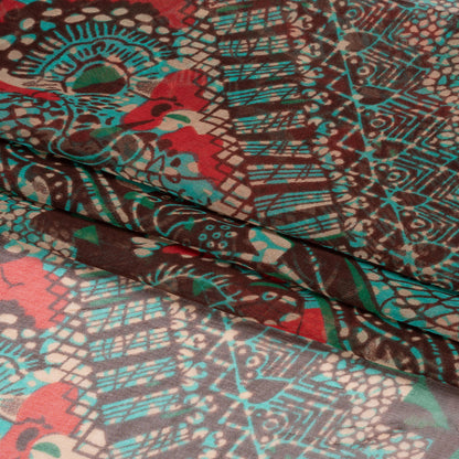 Chocolate, Berry and Turquoise Floral and Geometric Diagonal Stripes Silk Chiffon Full
