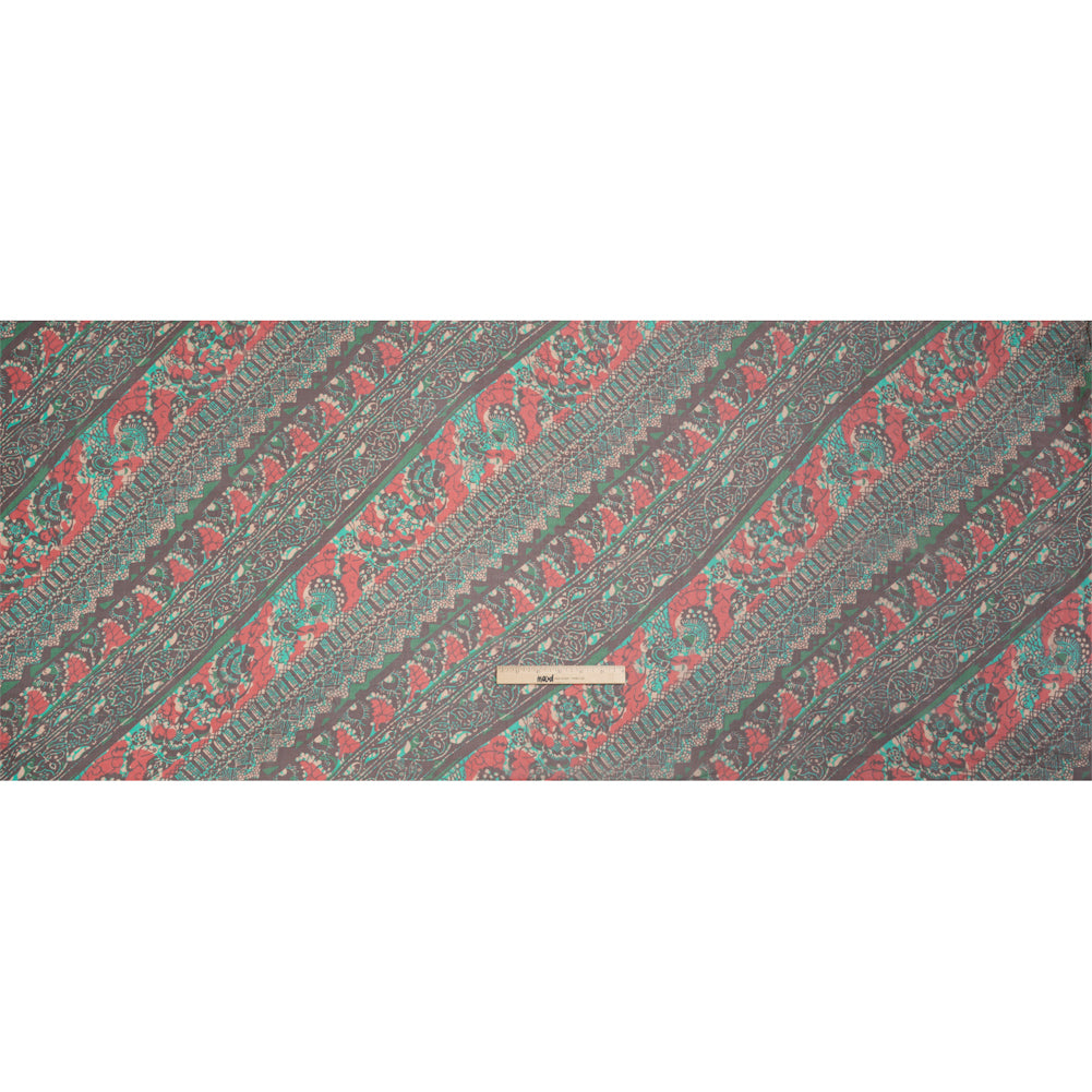 Chocolate, Berry and Turquoise Floral and Geometric Diagonal Stripes Silk Chiffon Drape