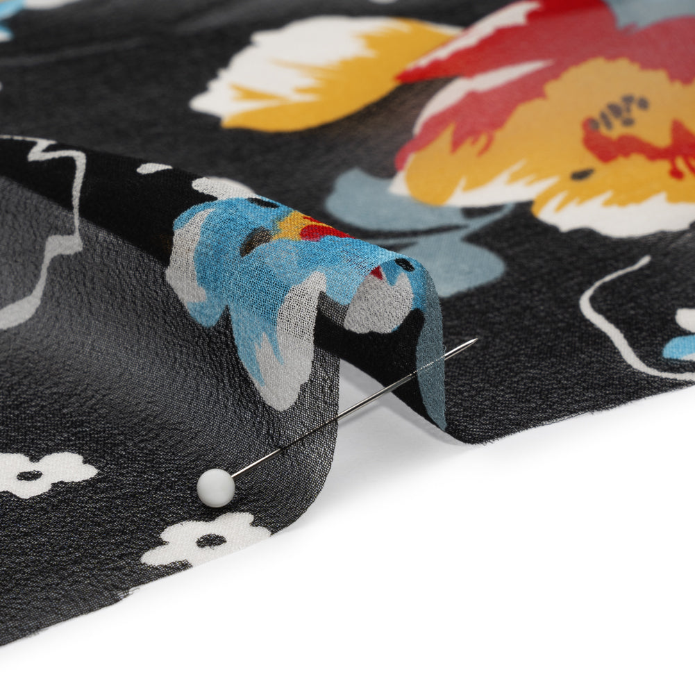 Black, Red and Blue Floral Silk Chiffon Folded
