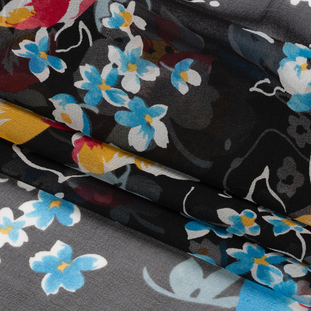 Black, Red and Blue Floral Silk Chiffon Full