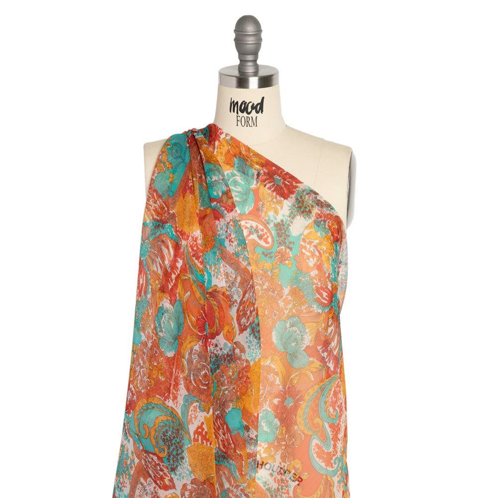 Turquoise, Peach and Orange Ornamental Gardens Crinkled Silk Chiffon Detail